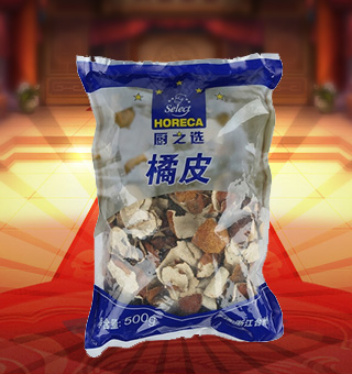 廚之選(HORECA SELECT)橘皮產(chǎn)自浙江臺州500g每袋，本產(chǎn)品精心挑選上等的橘皮等原材料制作而成，品質(zhì)純正天然，讓您食用的放心。本產(chǎn)品采用的是塑料質(zhì)地包裝，簡潔大方，食用簡單，是您廚房的好幫手。本產(chǎn)品加入到菜肴中去可以讓其味道濃郁，口感醇厚鮮香，給您帶來美妙的味覺盛宴。
